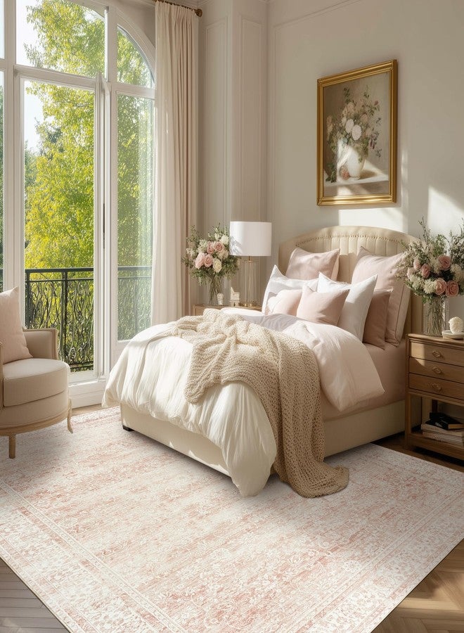 BILEEHOME Light Pink Nursery Rug for Baby Girl Neutral Blush Pink Boho Floral Pattern Carpet 5 x 8 Washable Non Slip Low Pile Soft Surface Area Rugs for Living Room Bedroom Playroom,5x8 - Image 2